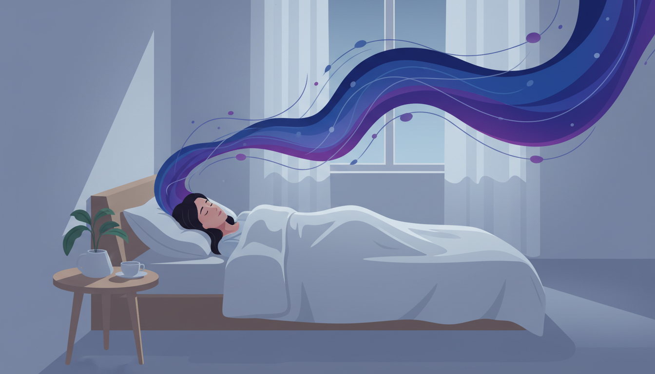 Person schläft tief und fest, umgeben von blauen und violetten Energiewellen, die tiefe Entspannung und erholsamen Schlaf symbolisieren.