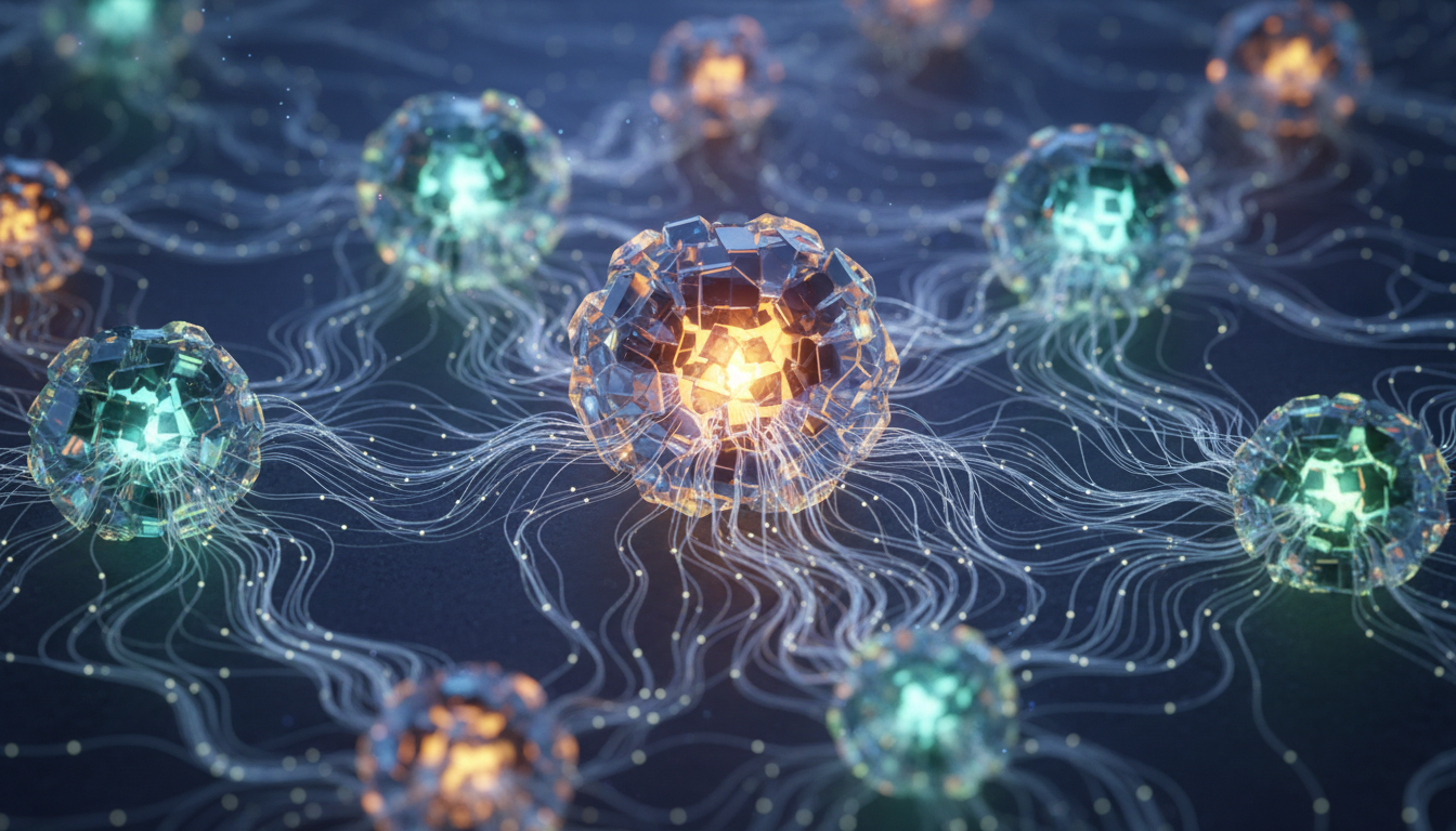 Mikroskopische Ansicht von Mitochondrien als leuchtende Zellkraftwerke mit flackernden oder dunklen Bereichen, die Energiemangel andeuten.