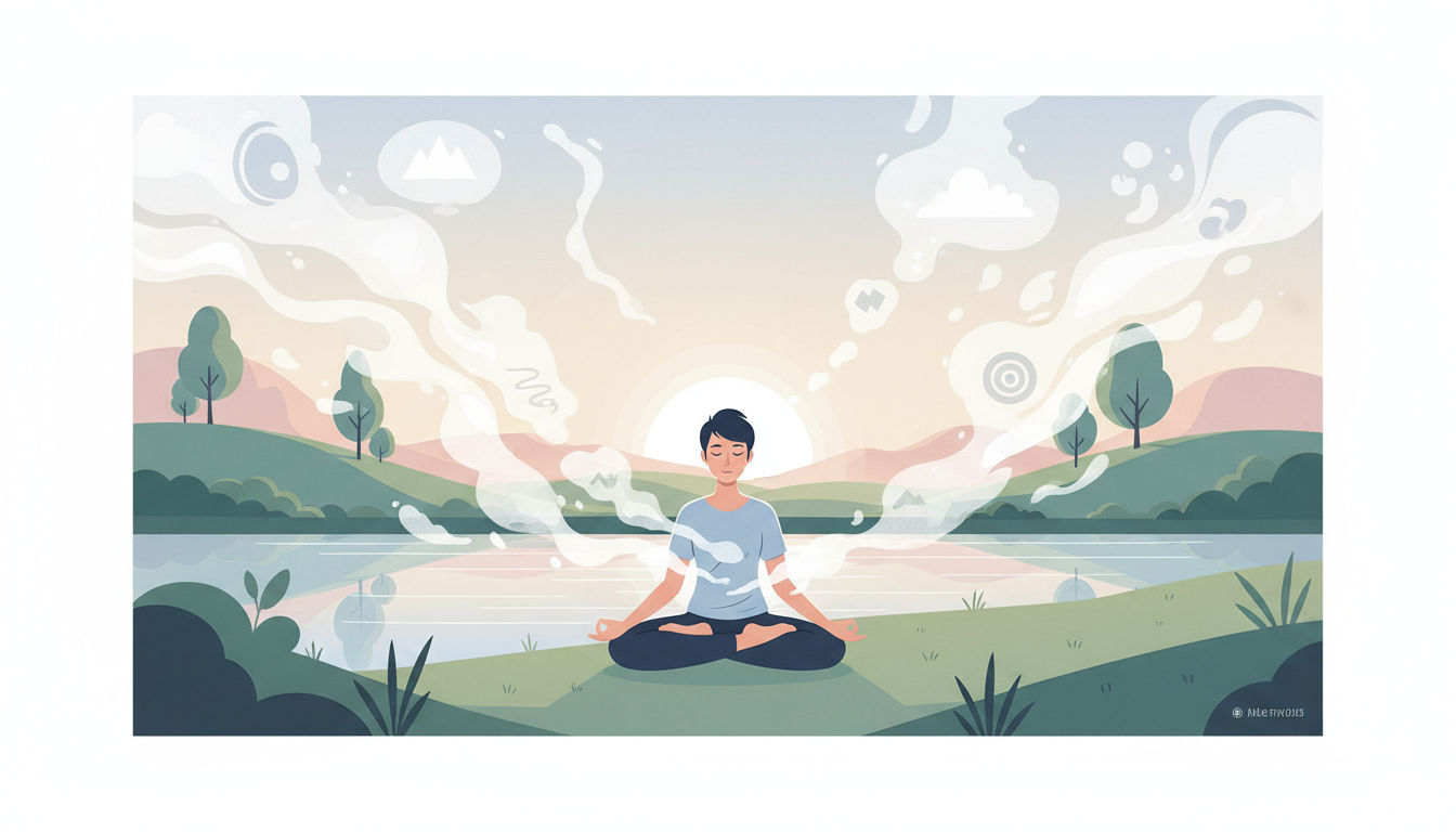 Meditierende Person umgeben von transparenten, wolkenartigen Gedanken in einer ruhigen Naturlandschaft.