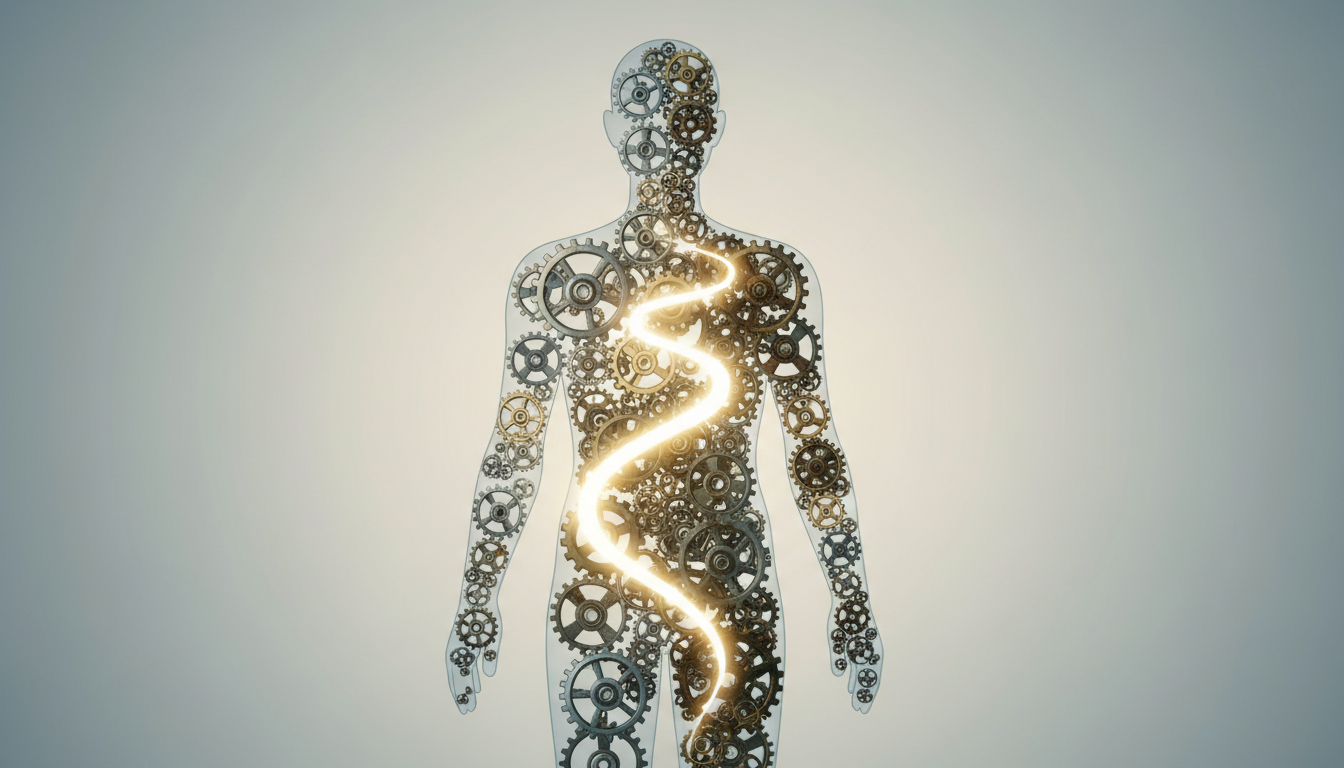 Menschliche Silhouette mit ineinandergreifenden Zahnrädern, die Gedanken und Selbstwahrnehmung symbolisieren.