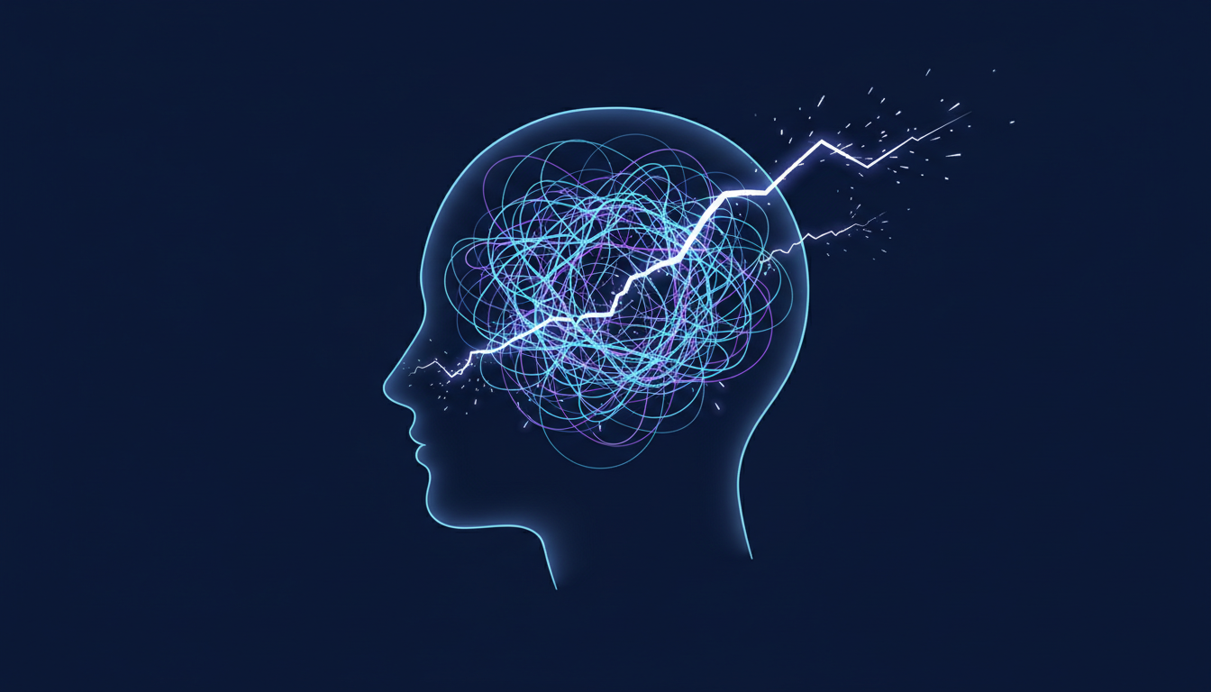 Chaotisches Netzwerk im Kopf mit brechenden Linien, das mentale Überlastung und die Ursachen von Brain Fog zeigt