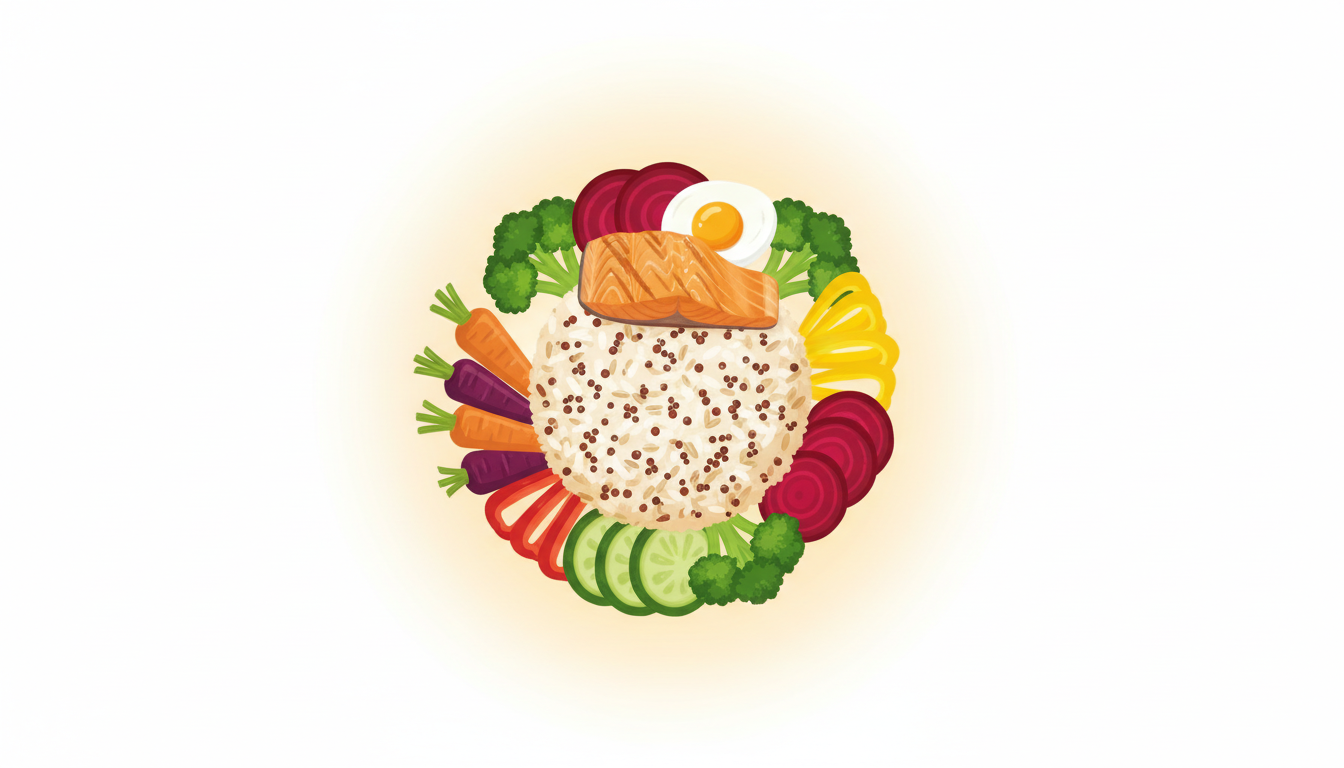 Ein ausgewogenes Mahl mit bunten Gemüsesorten, Vollkornprodukten und Proteinen, das nachhaltige Energie und Wohlbefinden ausstrahlt.