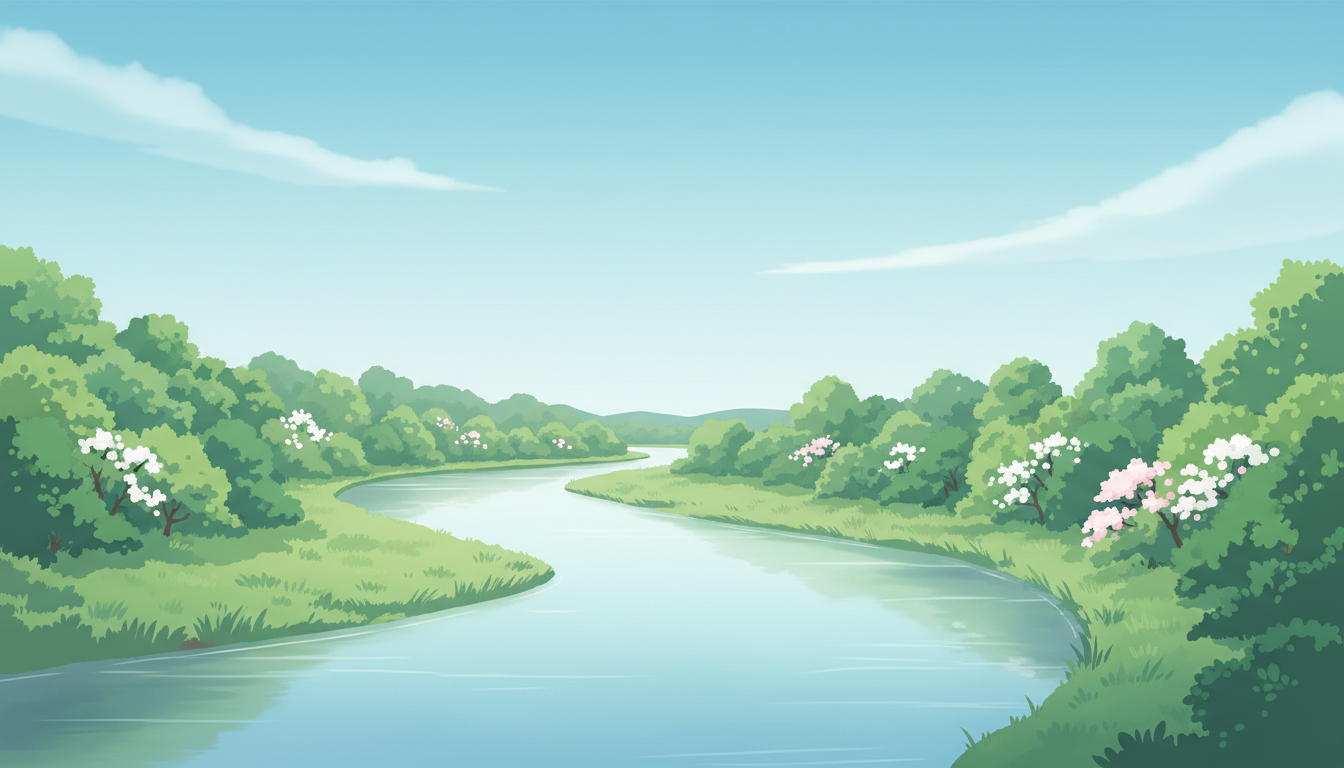Ein ruhiger, fließender Fluss mit grünen Ufern unter einem sanften blauen Himmel, der die entspannende und heilende Wirkung des parasympathischen Nervensystems darstellt.