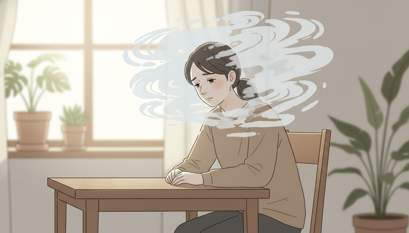 Müde Person tagsüber mit grauem Nebel um den Kopf, der mentale Benommenheit und Erschöpfung symbolisiert.