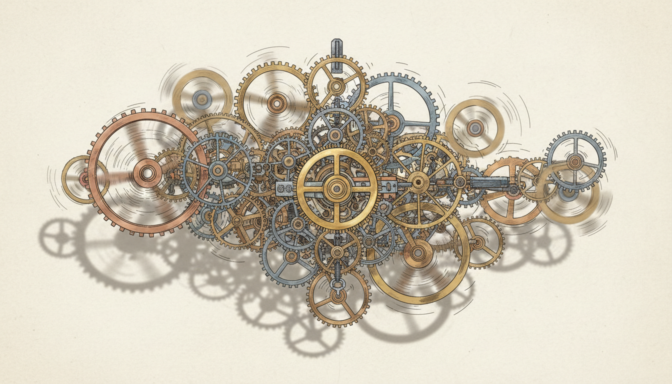 Ein Uhrenmechanismus mit ungleichmässig drehenden Zahnrädern, der mentale Turbulenzen symbolisiert.