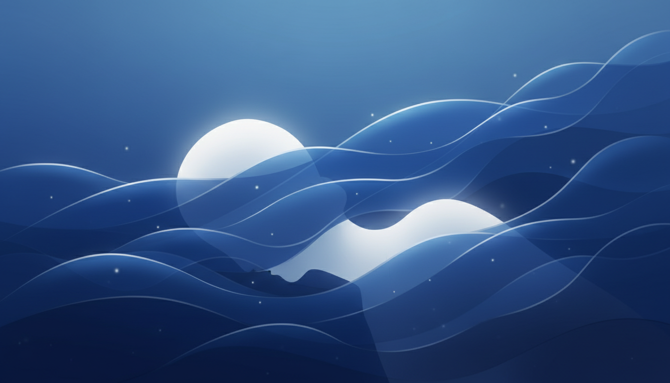 Tiefe blaue Delta-Gehirnwellen, die über einen ruhenden Geist strömen und tiefen Schlaf sowie Erneuerung symbolisieren.