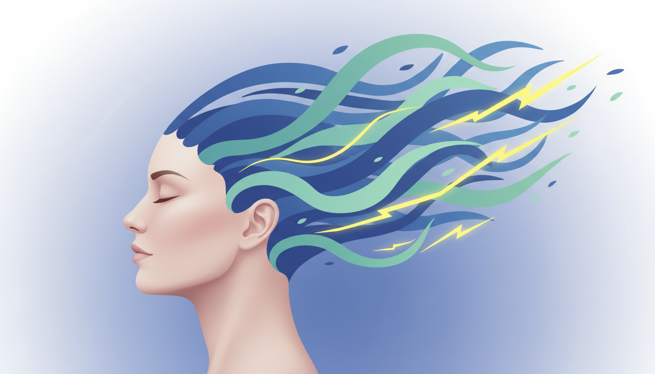 Ein ruhiges menschliches Profil mit farbigen, abstrakten Energiewellen (blau, grün, gelb), die aus dem Gehirn strömen und verschiedene Gehirnwellenzustände und Fokuslevel darstellen.