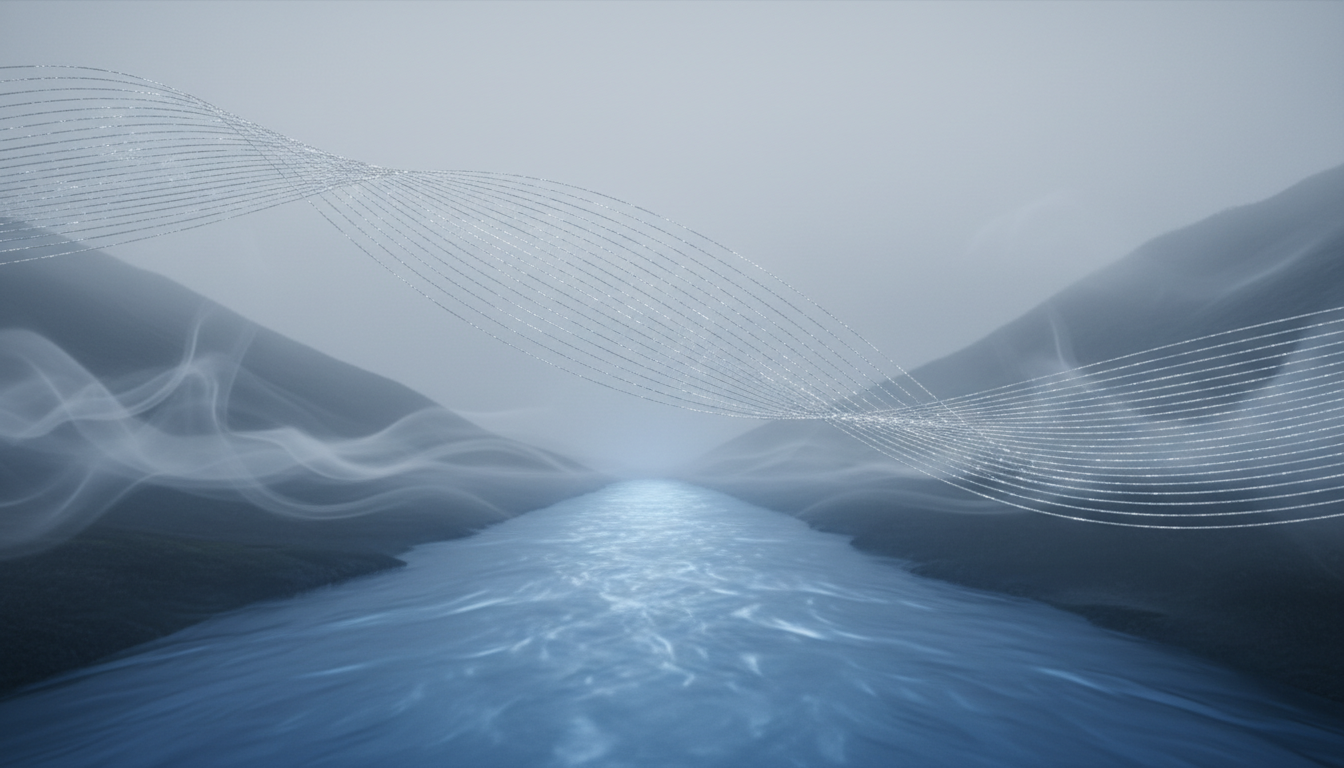 Ein Fluss aus tiefblauem Licht, über dem silbrige Fäden schweben und sich harmonisch mit dem Strom ausrichten, symbolisiert die Wirkung von Binauralen Beats auf die Gehirnwellen.