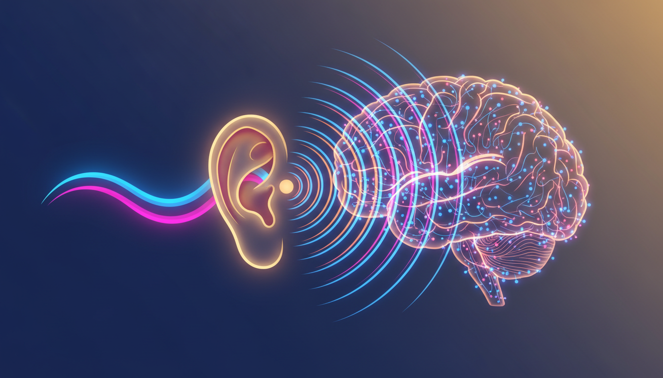 Einzelne, lebendige Schallwelle erzeugt gleichmäßige Energiepulse im Gehirn, die isochrone Töne symbolisieren.