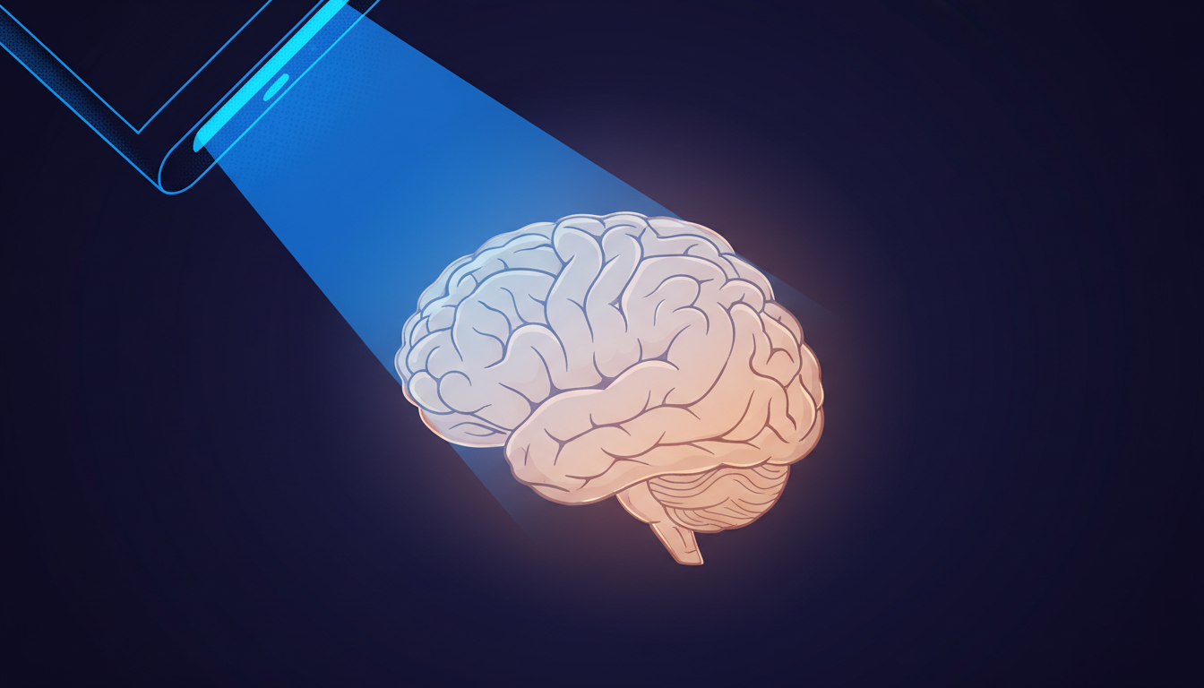 Stilisiertes, müdes Gehirn wird von intensivem blauem Licht eines digitalen Geräts unterdrückt.