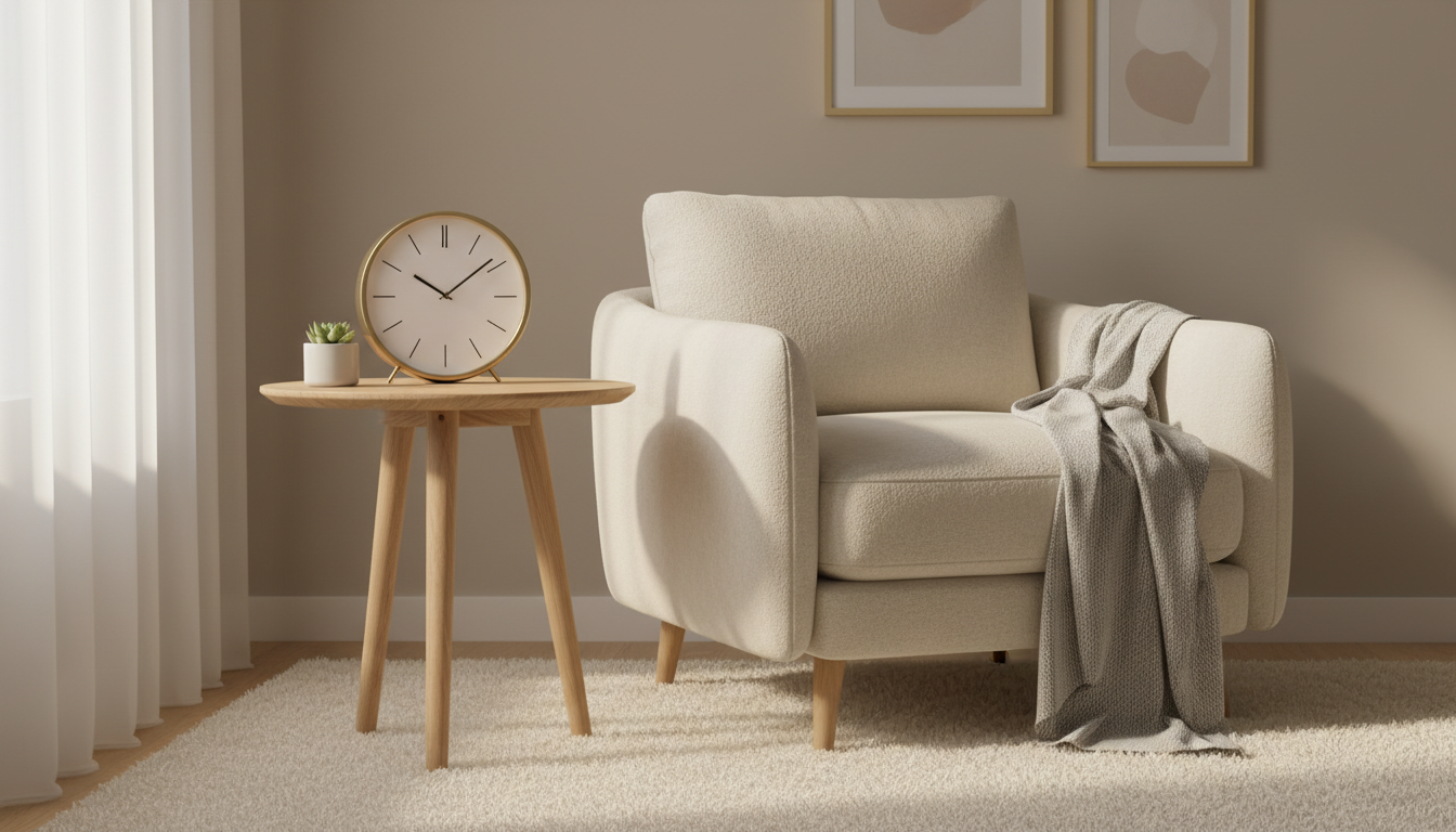 Ruhiger Bereich im Zuhause mit Stuhl, Tisch und Uhr, die eine feste Sorgenzeit anzeigt.