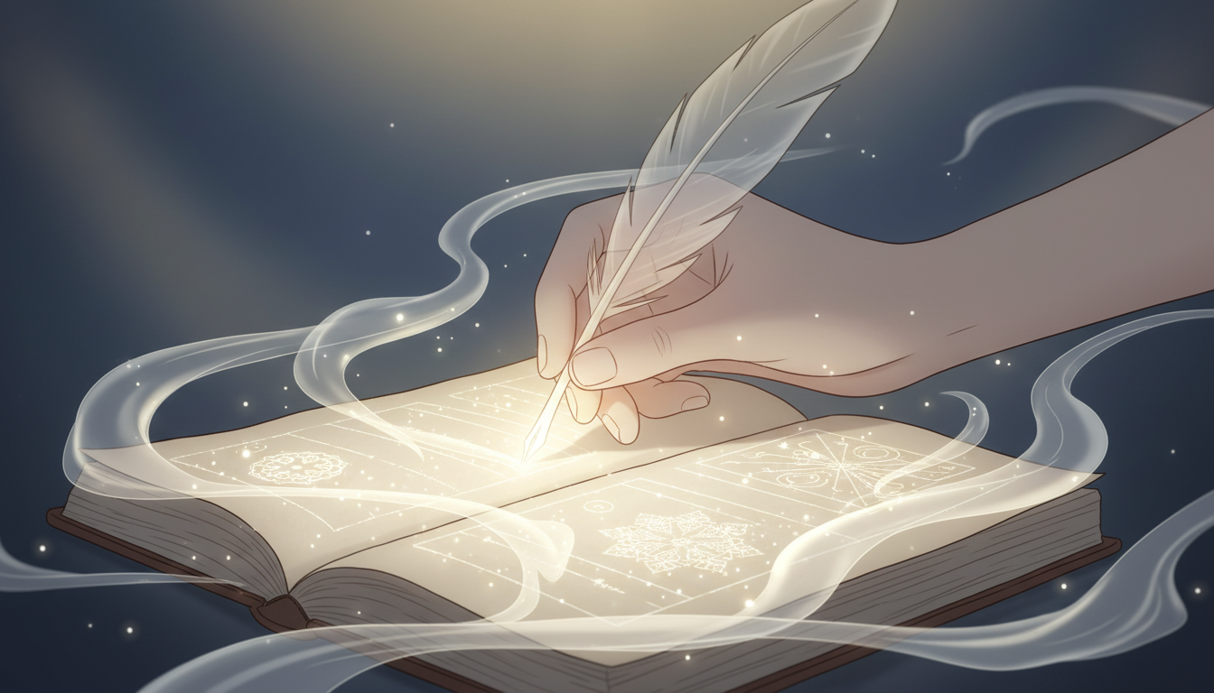 Eine Hand schreibt mit einem leuchtenden Federkiel ruhige, strukturierte Lichtmuster auf eine beleuchtete Seite, um Gedanken zu ordnen.