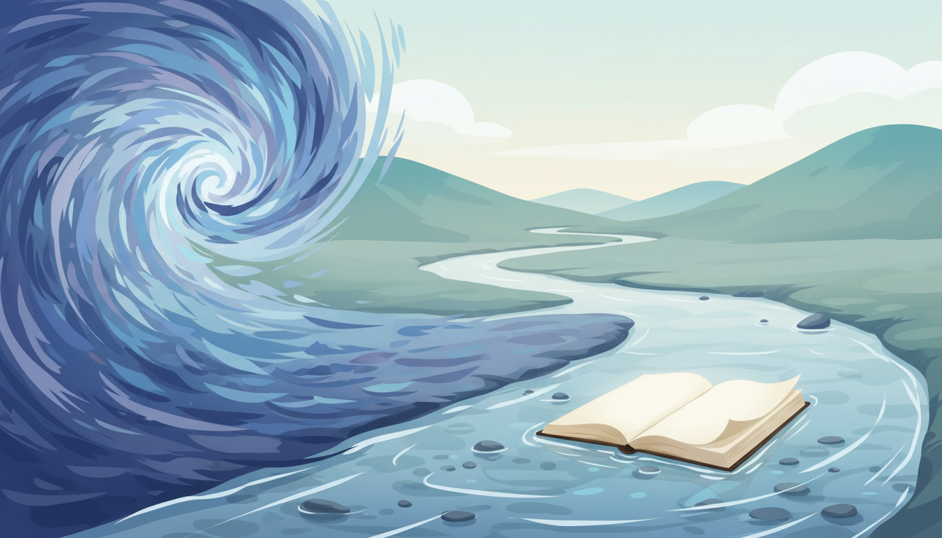 Chaotische Energie verwandelt sich in einen ruhigen Fluss mit einer Journalseite, was Stressabbau und mentale Klarheit durch Journaling darstellt.