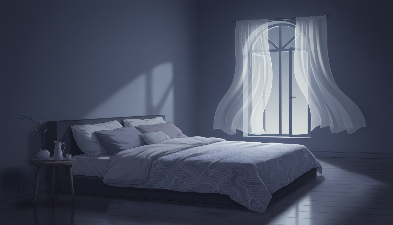 Ein idealer Schlafraum bei Mondlicht, dunkel, kühl und ruhig, mit einem bequemen Bett und sanften Farben, die tiefe Ruhe ausstrahlen.