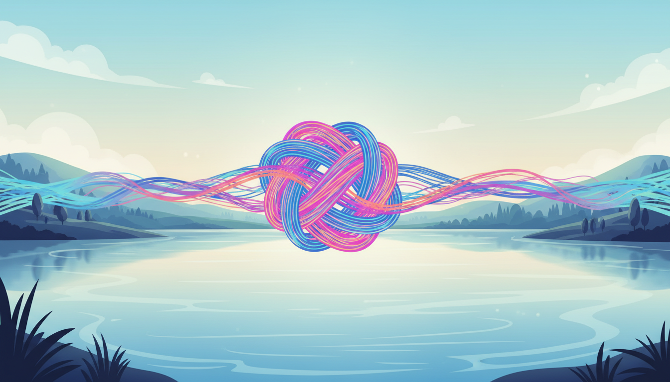 Chaotische Linien lösen sich in ruhige Wellen auf, die für Stressabbau und geistige Klarheit durch Entspannung stehen.