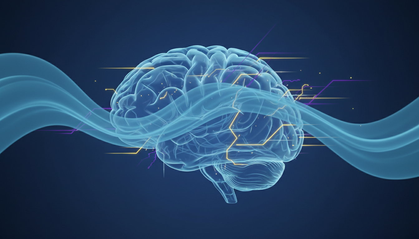 Transparente Gehirndarstellung mit ruhigen blauen Energiewellen und schnellen, fokussierten gelb-violetten Funken, die meditative Bewusstseinszustände visualisieren.