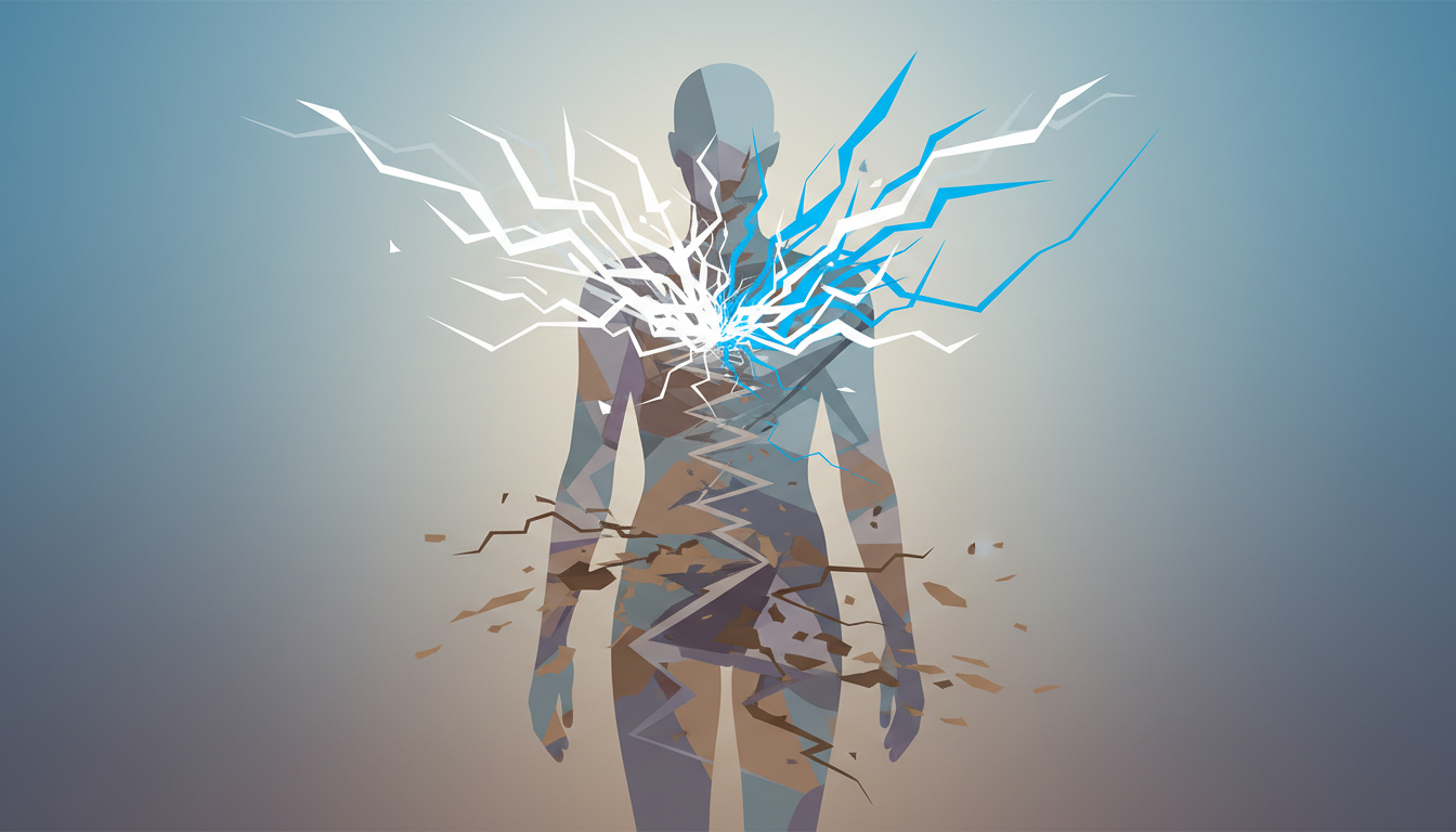 Abstrakte Darstellung menschlicher Energieschwankungen: helle Linien für akuten Stress, matte Linien für chronische Erschöpfung (Adrenalin-Fatigue).