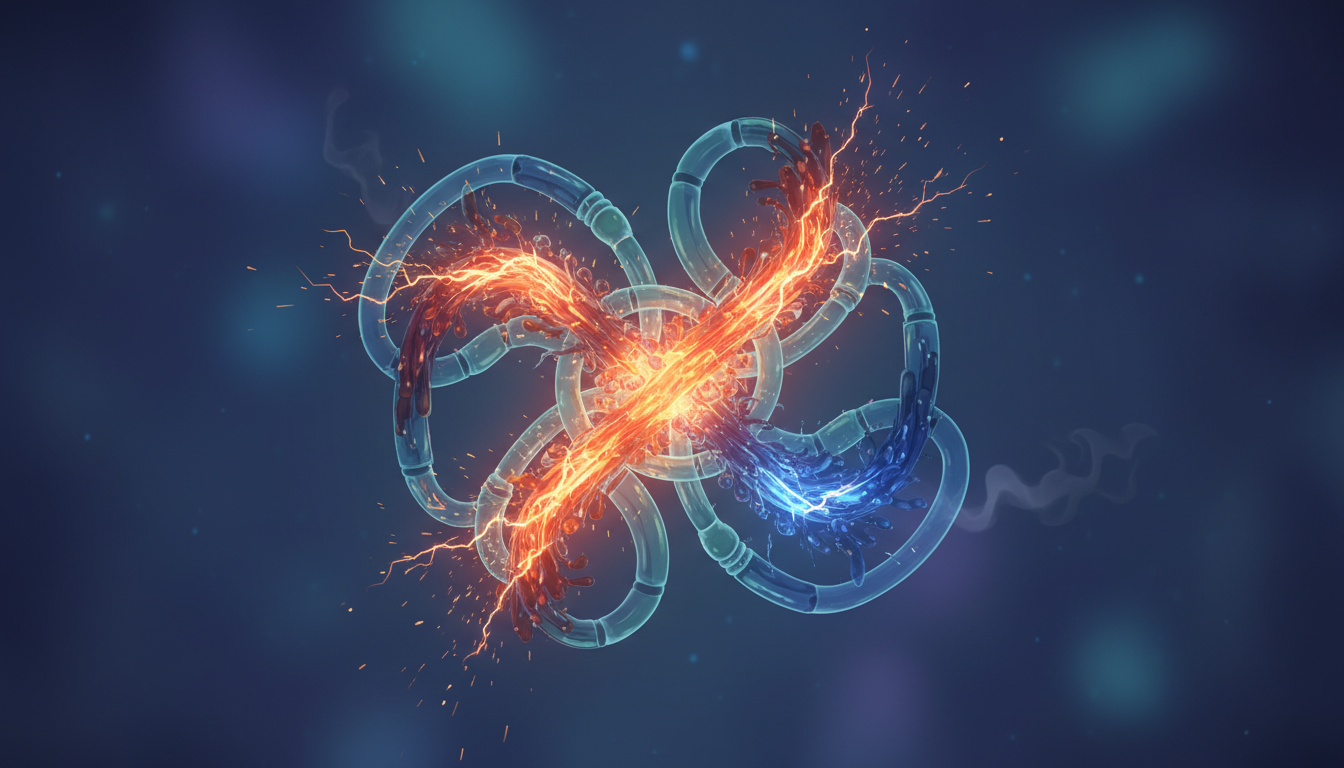 Glühender biologischer Mechanismus mit überhitzten Pfaden und gedimmten, verlangsamten Bereichen, visualisiert die Überlastung des Körpers bei Burnout.