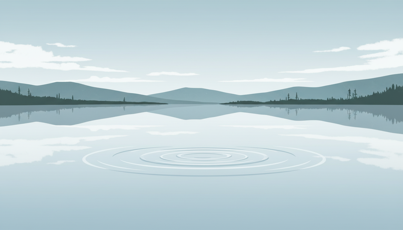 Ein ruhiger See, dessen Oberfläche zuvor von Wellen gestört war und nun still und spiegelglatt ist, symbolisiert einen ruhigen Geist nach der Entspannung.