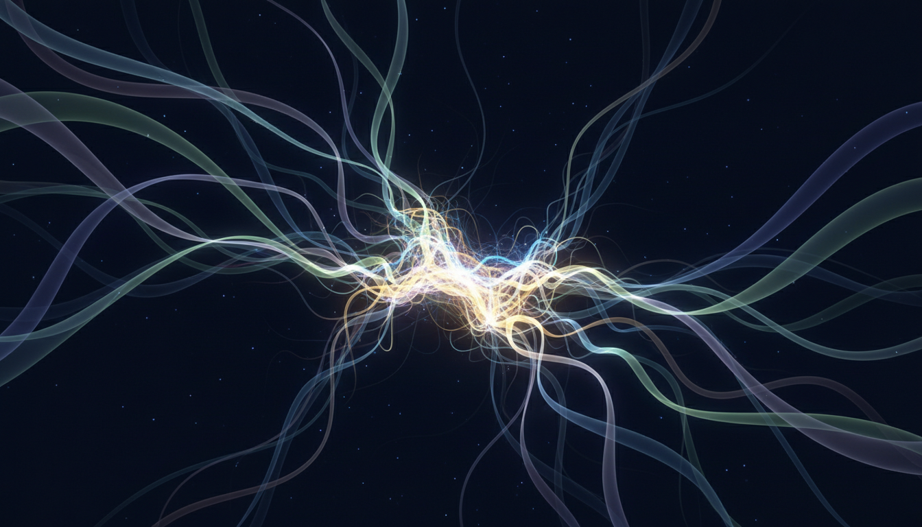 Abstrakte Darstellung des Nervensystems als komplexes Lichtnetzwerk mit intensiven und ruhigen Bahnen.
