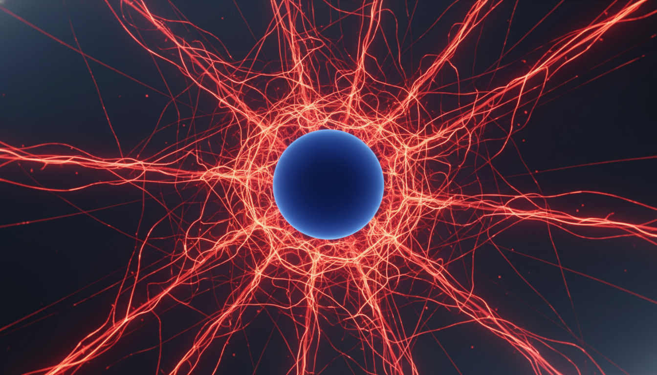 Eine lebendige, abstrakte Darstellung der internen Stressreaktion des Körpers, mit einem zentralen Nervensystem als Netzwerk aus leuchtenden, schnell feuernden roten Linien, die sich von einem ruhigen blauen Kern abheben.