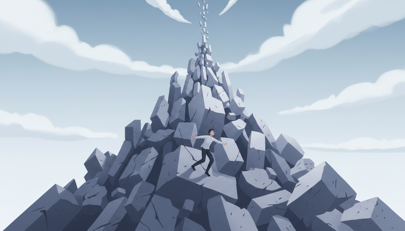 Junger Erwachsener klettert Berg aus Erwartungen und gesellschaftlichem Druck, endloser Aufstieg