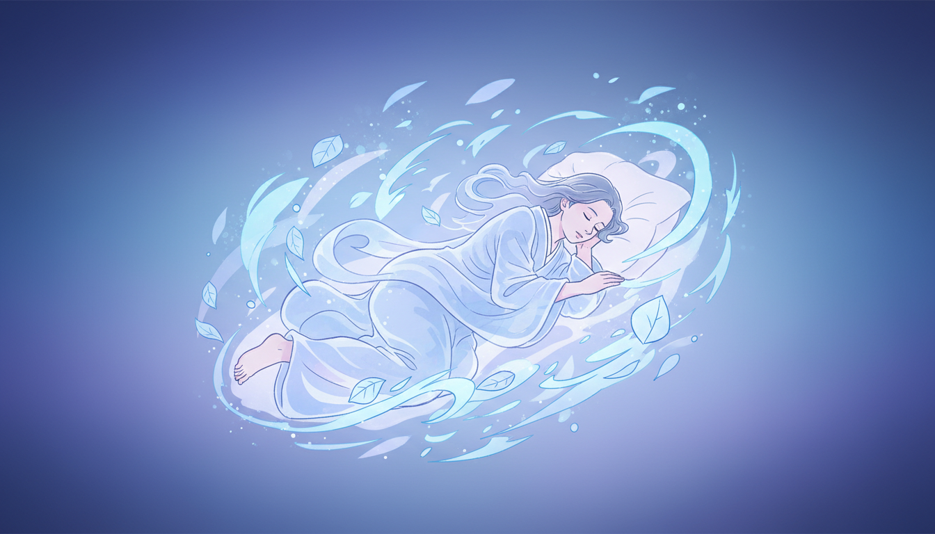 Tief schlafende Person, umgeben von beruhigenden Energieflüssen in Blau und Violett, symbolisiert Regeneration und die Kraft der Erholung.