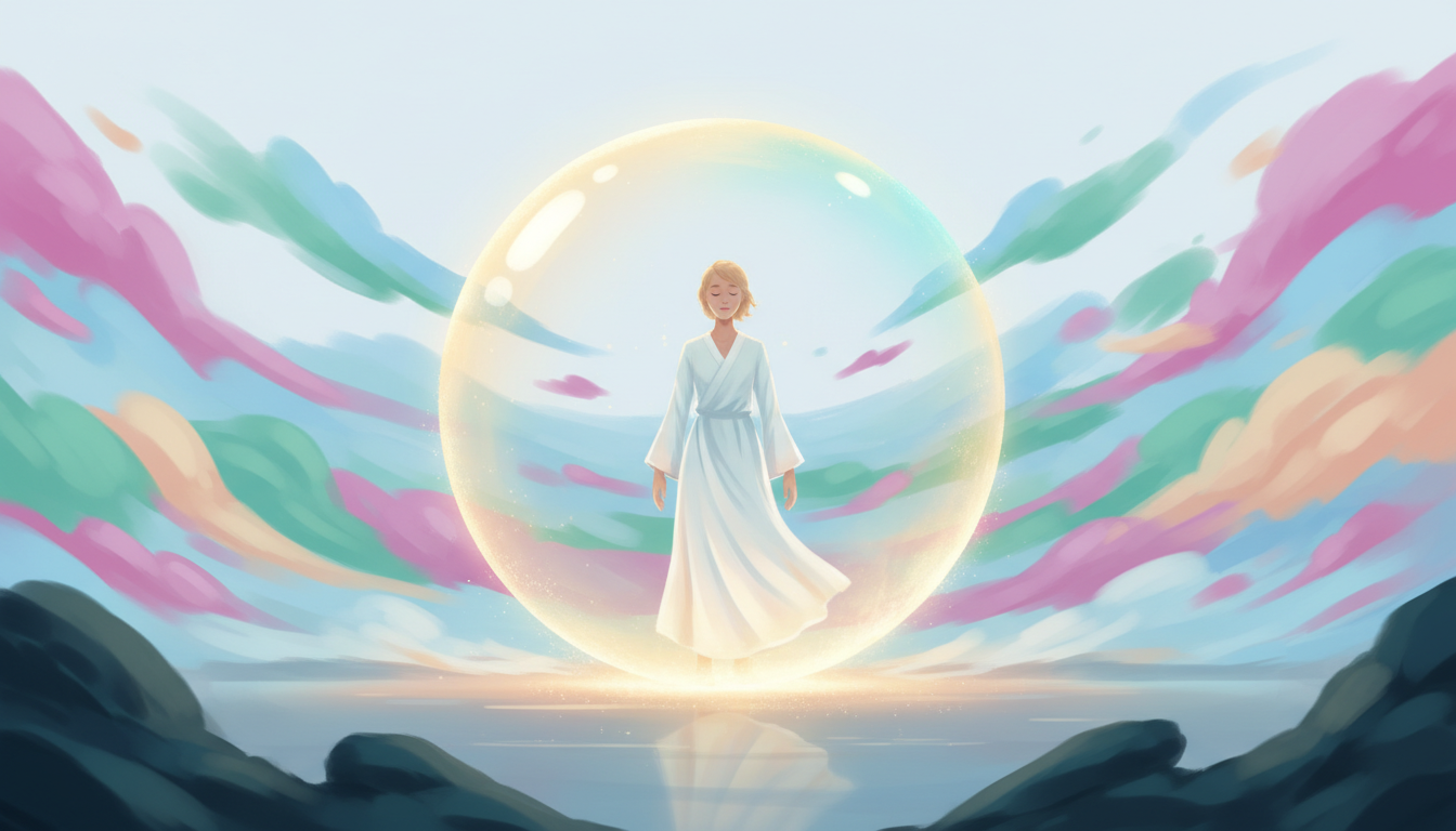 Ruhige Figur in persönlichem, leuchtendem Raum, geschützt vor äußeren Einflüssen und dem Zwang, es allen recht zu machen.