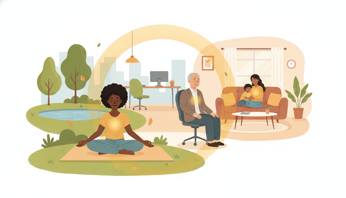 Diverse Gruppe von Menschen meditiert entspannt in alltäglichen Umgebungen wie Park, Büro und Zuhause, vereint durch ein warmes Leuchten.