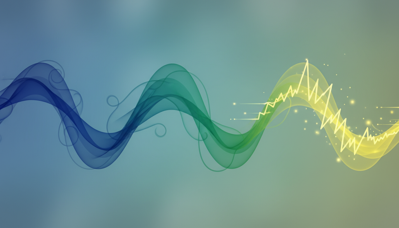 Abstrakte Wellen in Blau für Ruhe, Grün für Gelassenheit und Gelb für Fokus, die verschiedene Gehirnzustände und deren Synchronisierung darstellen.