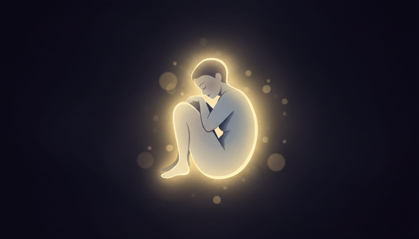 Eine ruhige Figur, umhüllt von weichem, warmem Licht in einem ruhigen, dunklen Raum, symbolisiert tiefe Ruhe und friedlichen Schlaf.