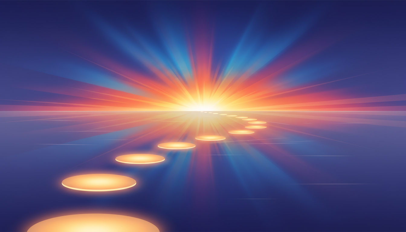 Ein gewundener Pfad aus leuchtenden Trittsteinen über ruhiges Wasser führt zu einem hellen Horizont, der den schrittweisen Weg aus der Komfortzone darstellt.