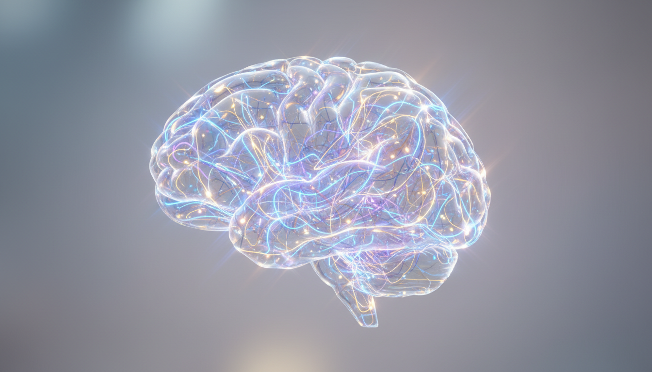 Ein komplexes Netzwerk aus leuchtenden Fäden in einer gehirnähnlichen Form, das neuronale Verbindungen und Lernprozesse darstellt.