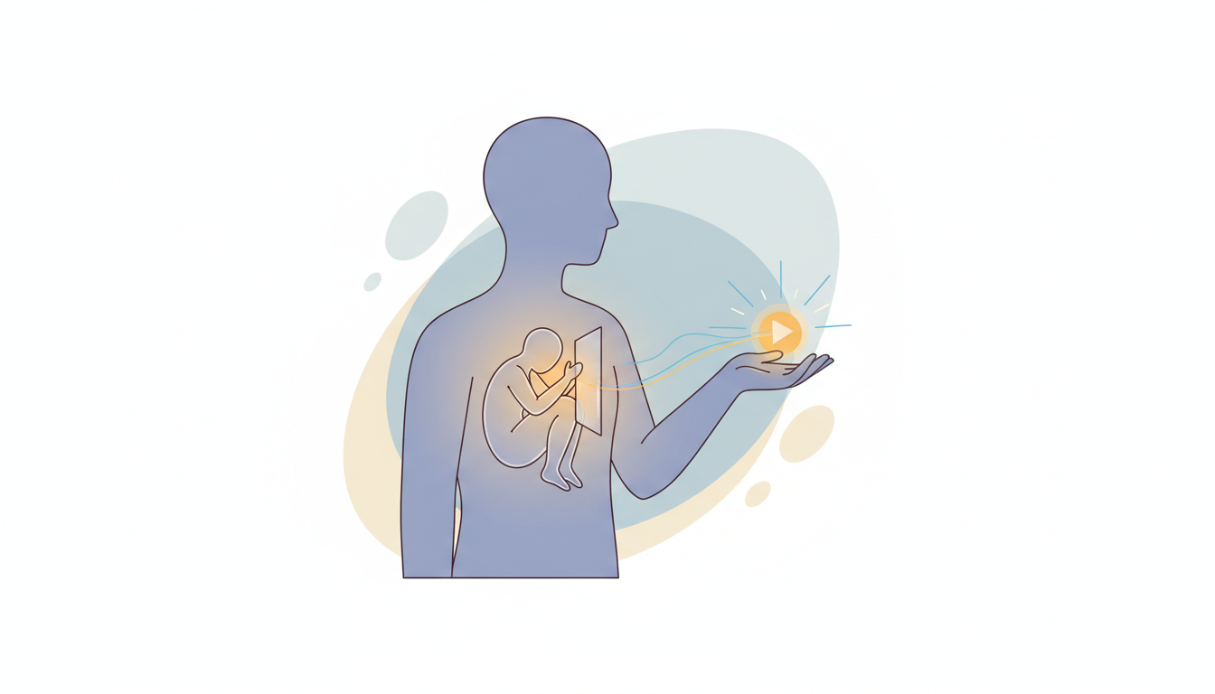 Eine Person führt sanft eine zögerliche innere Figur mit warmem Licht, was Selbstakzeptanz und konstruktiven Dialog symbolisiert.