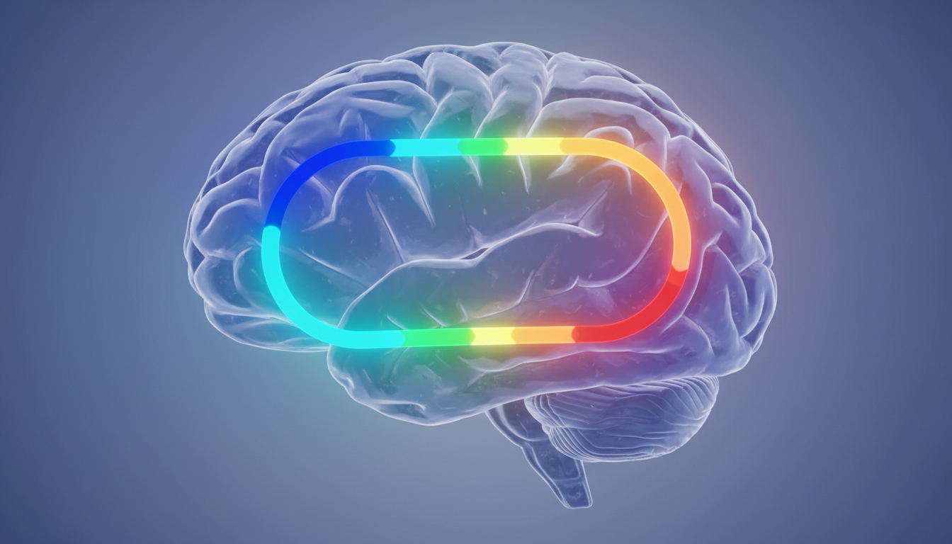 Ein leuchtender, sich wiederholender Pfad im Gehirn mit farbigen Lichtsegmenten, die verschiedene Stufen darstellen und reibungslos in einem kontinuierlichen, automatisierten Kreislauf ineinander übergehen.