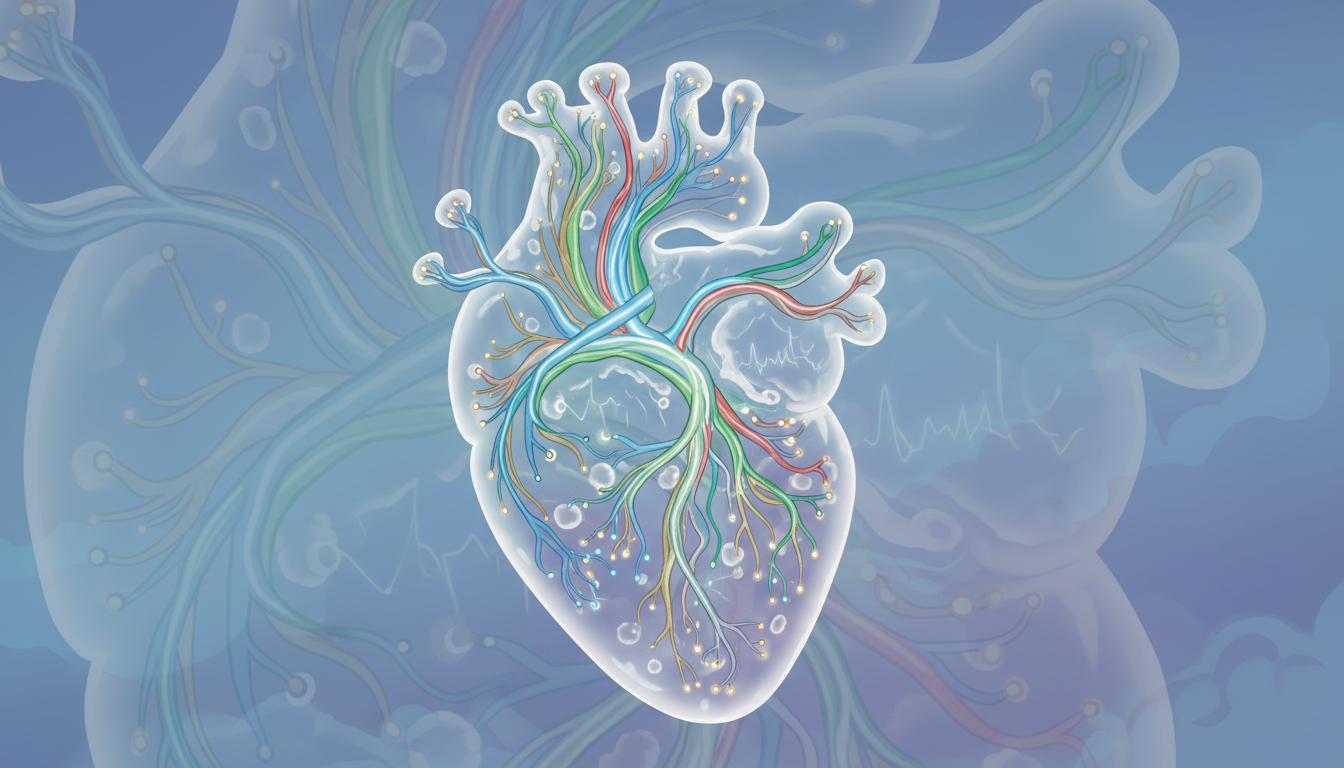 Ein abstraktes System aus leuchtenden, vernetzten Bahnen, wobei einige gedimmt oder blockiert sind, was ein sanftes Ungleichgewicht in den Körperfunktionen darstellt.