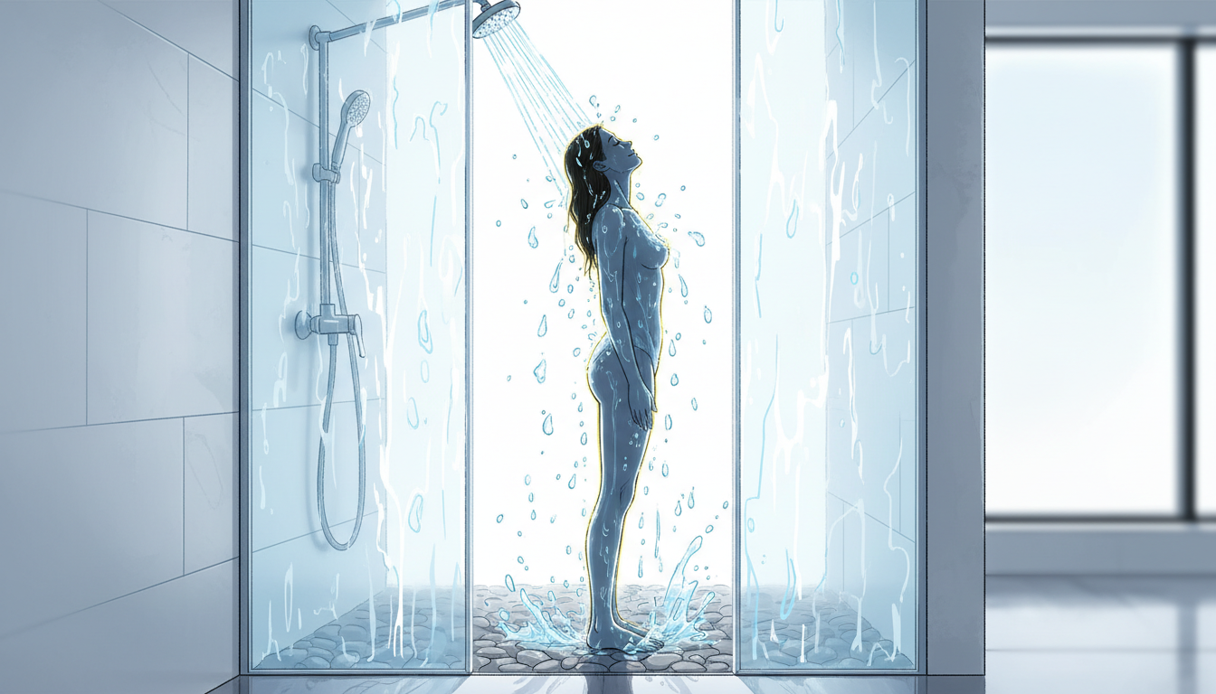 Person unter einer belebenden Dusche, mit klarem Wasser, das sofortige Erfrischung und Wachheit vermittelt.