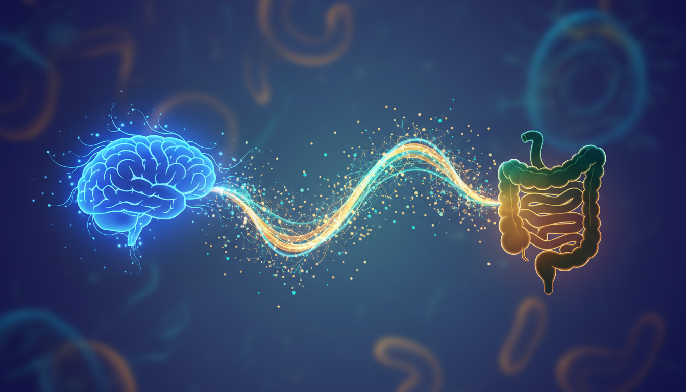 Leuchtender, miteinander verbundener Pfad zwischen Gehirn und Darm, der die Darm-Hirn-Achse und den Einfluss der Mikrobiota auf die Vitalität darstellt.