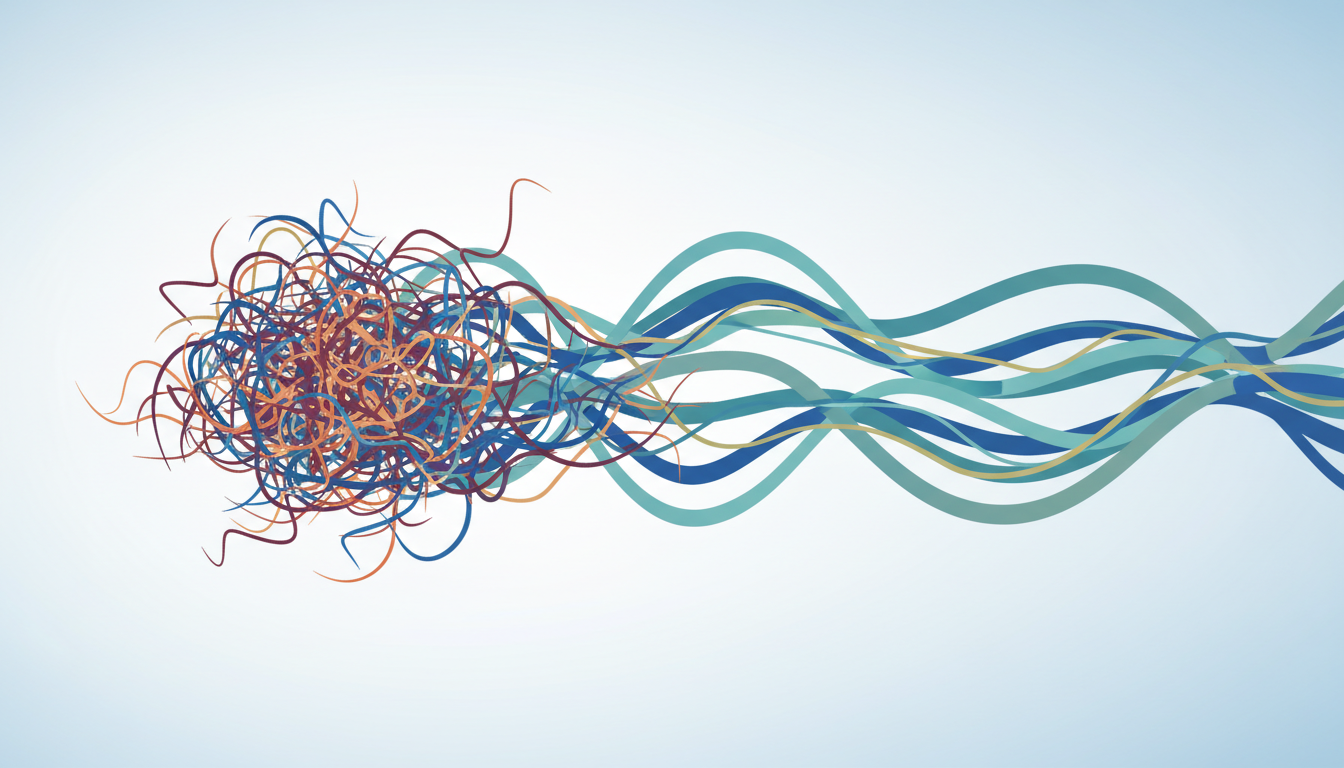 Abstraktion von Gehirnwellen, die von turbulent zu harmonisch übergehen und innere Ruhe symbolisieren.