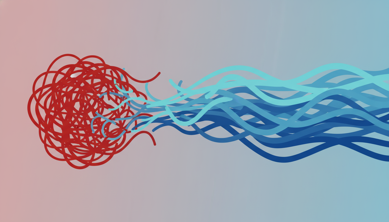 Chaotische rote Linien, die sich in ruhige blaue Wellen verwandeln, stellen den Übergang von Stress zu tiefer Entspannung und innerer Ruhe dar.