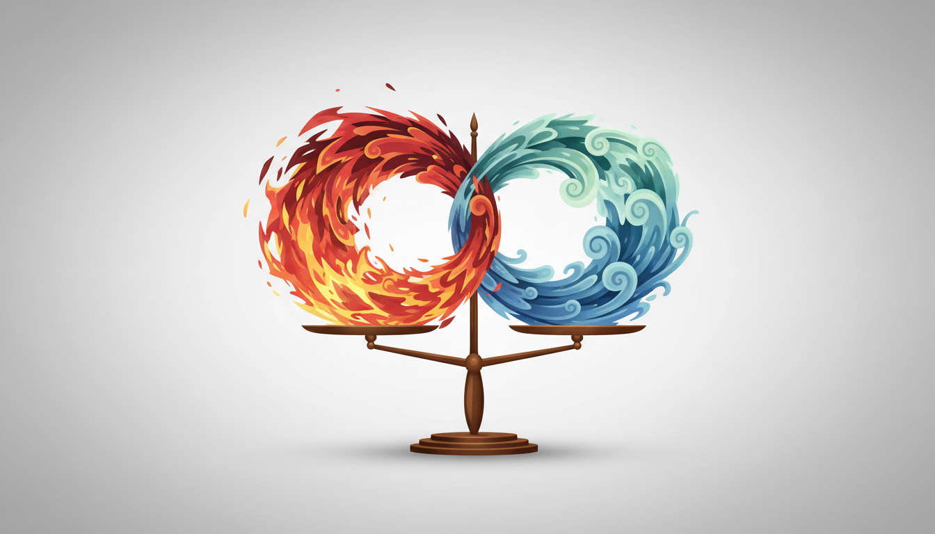 Zwei ineinander verschlungene, gegensätzliche Kräfte, eine feurig und zackig, die andere fließend und gelassen, balanciert auf einer feinen Waage, die das Gleichgewicht von Sympathikus und Parasympathikus darstellt.