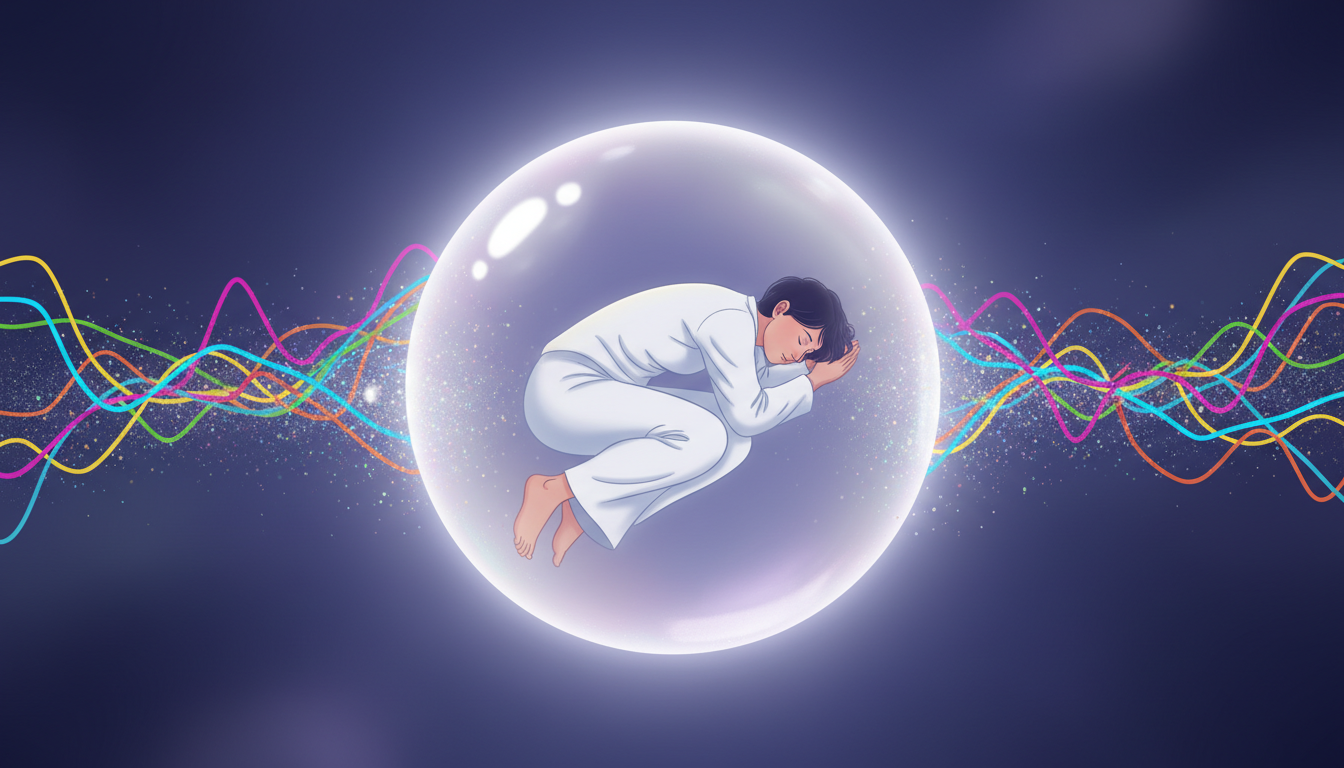 Eine friedlich schlafende Person, umhüllt von einer ätherischen, schimmernden Blase der Stille, während chaotische Geräuschwellen harmlos an der Außenseite abprallen.