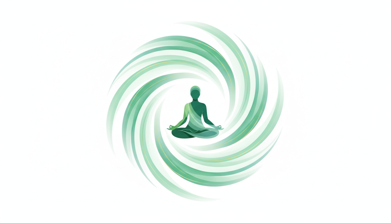 Sanfte grüne Theta-Gehirnwellen, die eine meditierende Figur umgeben und kreativen Fluss sowie intuitive Gedanken repräsentieren.