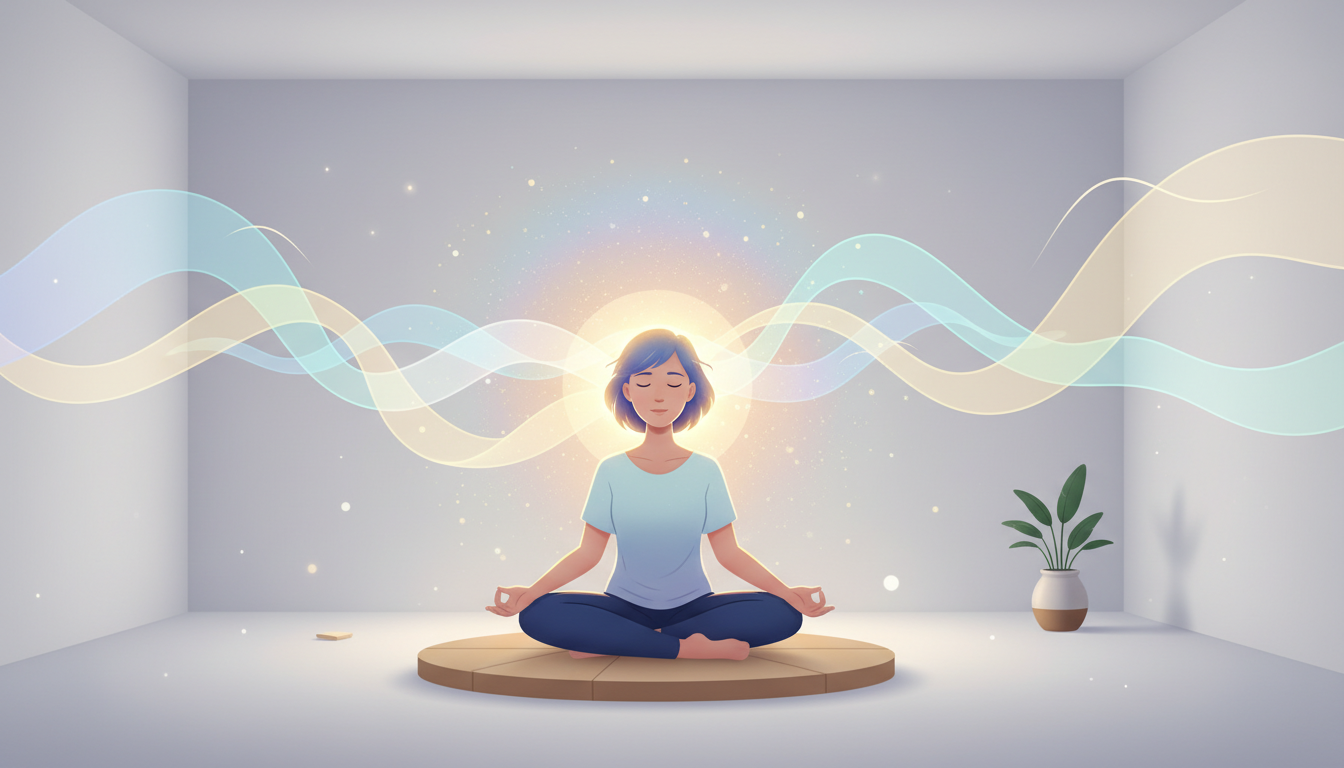 Eine Person sitzt in einem minimalistischen Raum, umgeben von einer weichen, leuchtenden Aura intensiver Konzentration, mit ätherischen Lichtströmen, die Ideen und Produktivität symbolisieren.