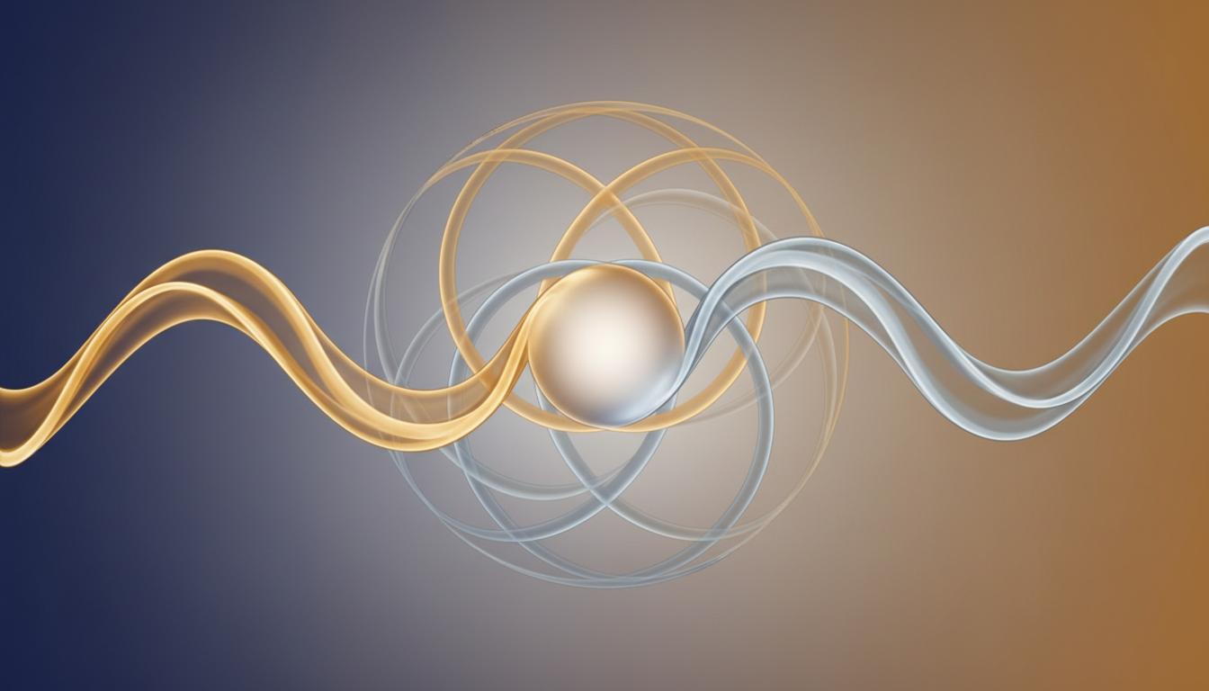 Zwei rhythmische Lichtimpulse, gold und silber, treten in eine Kugel ein und verschmelzen zu einem harmonischen Leuchten, das die interne Erzeugung von Binauralen Beats symbolisiert.