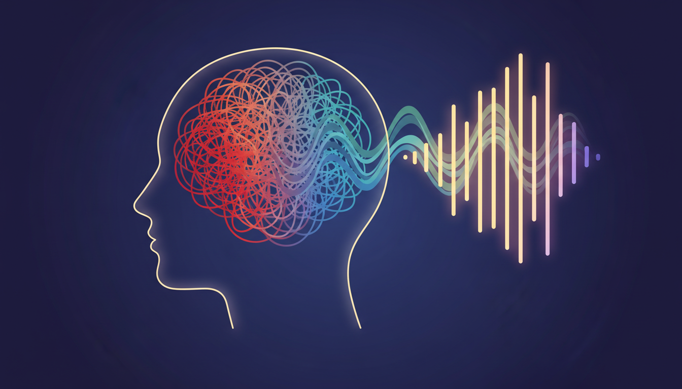 Irreguläre Gehirnwellen glätten sich durch rhythmische Lichtmuster zu synchronisierten Wellen, Darstellung von Bewusstseinszuständen.
