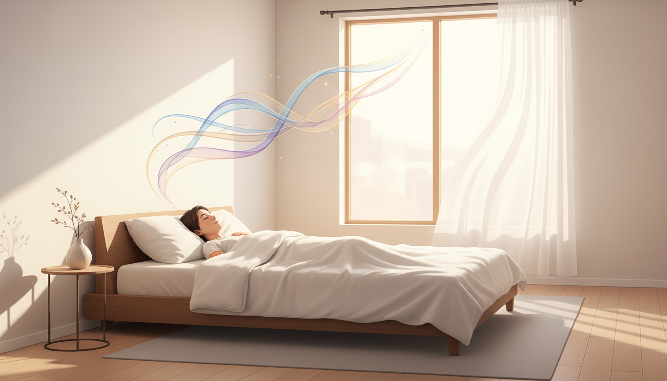 Friedliches Schlafzimmer im Morgengrauen mit schlafender Person und symbolischen Linien für erholsamen Schlaf.