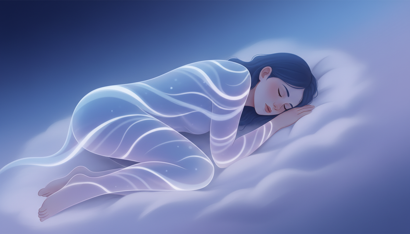 Sanfte, rhythmische Schallwellen als Lichtmuster umhüllen eine schlafende Person und führen ihren Geist in einen friedlichen Zustand.