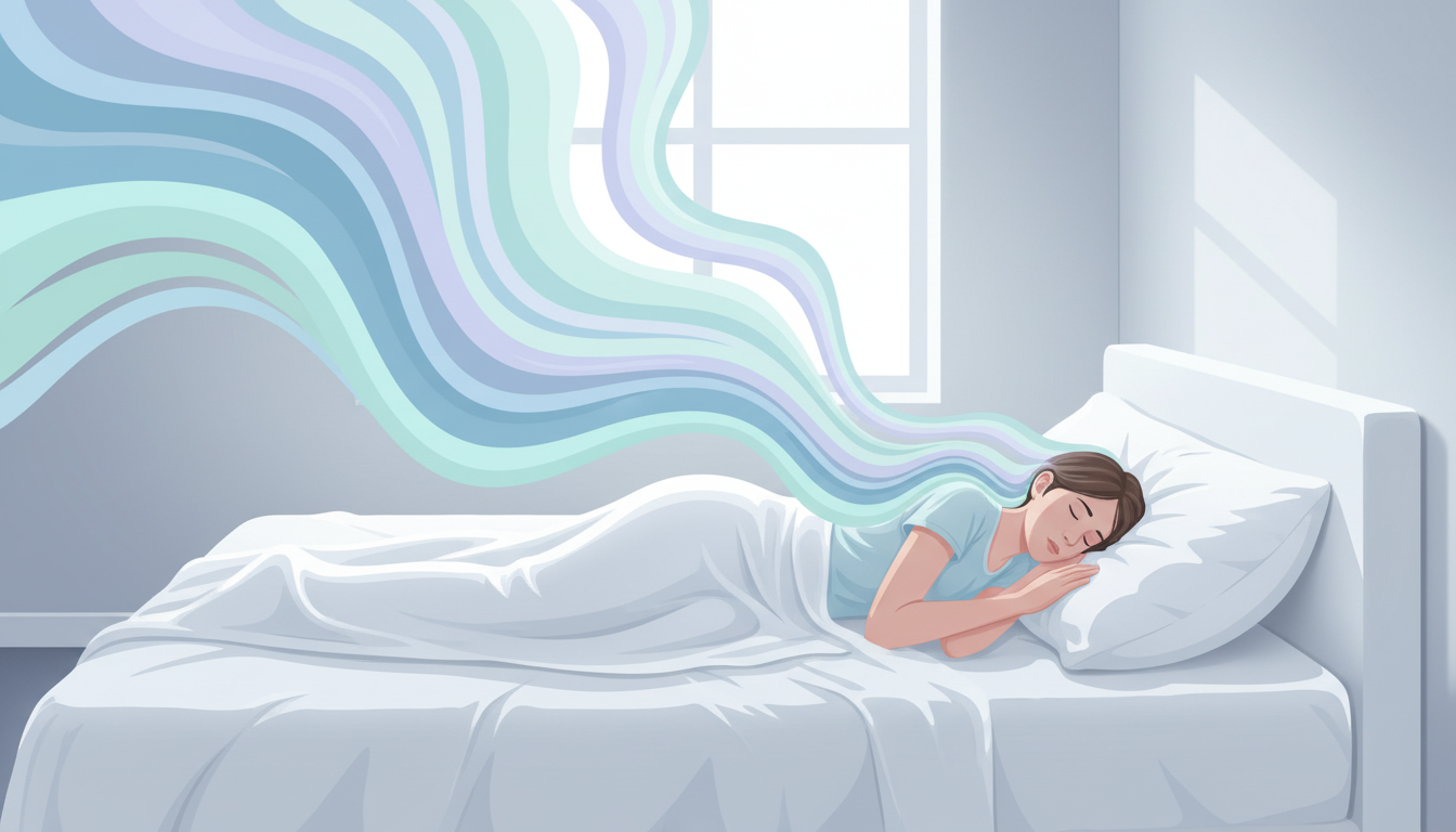 Eine Person schläft ruhig in einem friedlichen Schlafzimmer, umgeben von sanften Wellen, die tiefe Entspannung und erholsamen Schlaf nach dem Journaling darstellen.