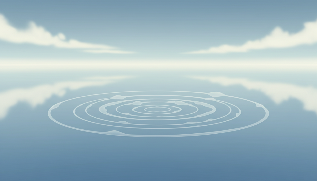 Ein ruhiger Geist, dargestellt als klarer See, der einen ruhigen Himmel und sanfte Schallwellen des Tiefschlafs widerspiegelt.